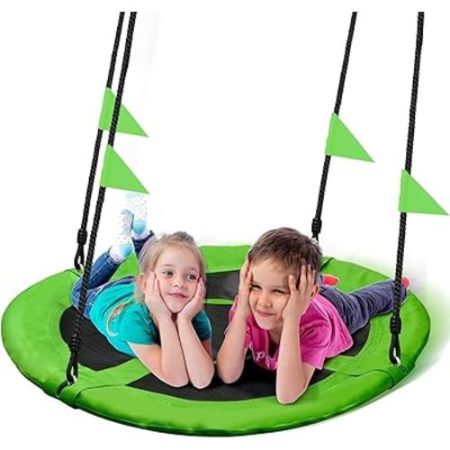 PACEARTH 40 Inch Saucer Tree Swing Flying 900lb Weight Capacity 2 Added Hanging Straps Adjustable Multi-Strand Ropes Colorful Safe and Durable Swing Seat for Children-Green