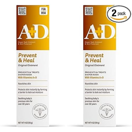 A+D Original Diaper Rash Ointment Prevents & Treats Diaper Rash, Moisturizing Skin Protectant with Vitamins A & D, Healing Ointment for Dry and Cracked Skin 4oz (Pack of 2)