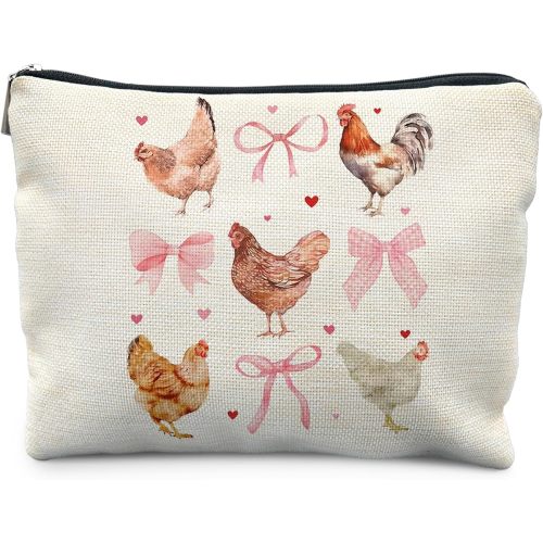 Coquette Pink Bow Chicken Makeup Bag for Women, Chicken Lover Gifts, Preppy Cottagecore Cosmetic Bag for Purse, Cute Rooster Hen Farm Animal Makeup Zipper Pouch