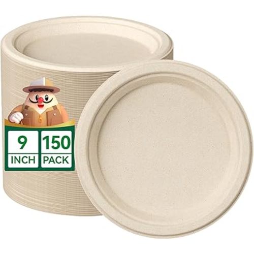 JOLLY CHEF 100% Compostable Paper Plates, 150 Pack 9 Inch Heavy Duty Plates, Disposable Biodegradable Eco-Friendly Sugarcane, Bulk Nature