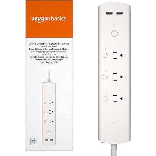 Amazon Basics Smart Plug Power Strip with 3 Individually Controlled Outlets and 2 USB-A Ports, Works with Alexa Only, 2.4 GHz Wi-Fi, No Hub Required, White
