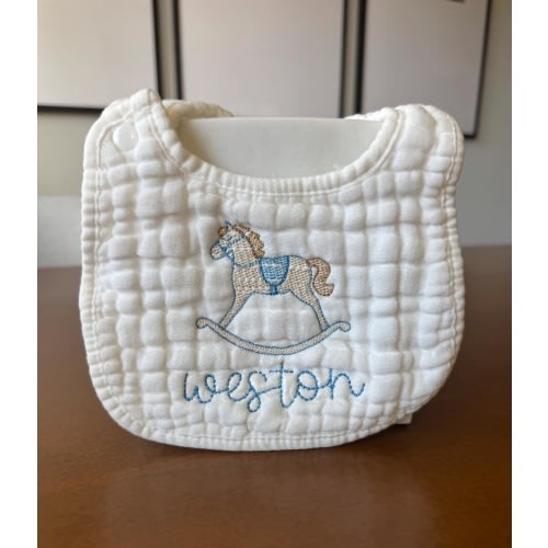 Personalized Muslin Baby Bib, Custom Name Bib, Rocking Horse Monogram Bib, 100% Cotton Muslin, Baby Shower Gift, Newborn Bib