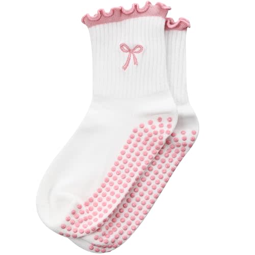 Jeyiour Women Cute Pilates Socks Bow Nonslip Ruffle Yoga Socks with Grip Barre Pilates Gift for Work Dance Fitness