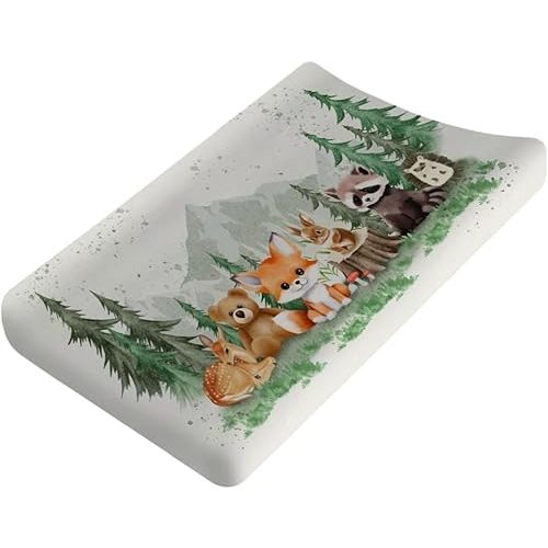 Cute Animals Mountain Trees Baby Changing Pad Covers Bear Raccoon Deer Rabbit Hedgehog Diaper Change Table Sheets for Boys Girls Soft Stretchy Baby Diaper Changing Table Mat Cover 32''x16''