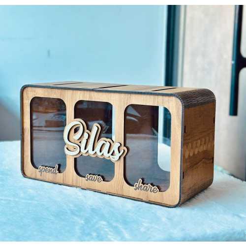 Personalized Wood Piggy Bank: Save Spend Share Bank