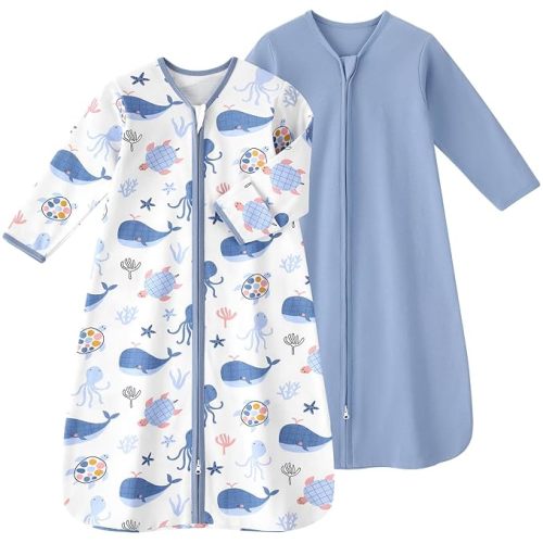 Baby Sleep Sack 0-6 Months, Long Sleeve Baby Wearable Blanket 0.5 Tog with Mittens, 2-Way Zipper Newborn Cotton Sleeping Sack for Boy and Girl Blue Whale 2 Pack (Small)