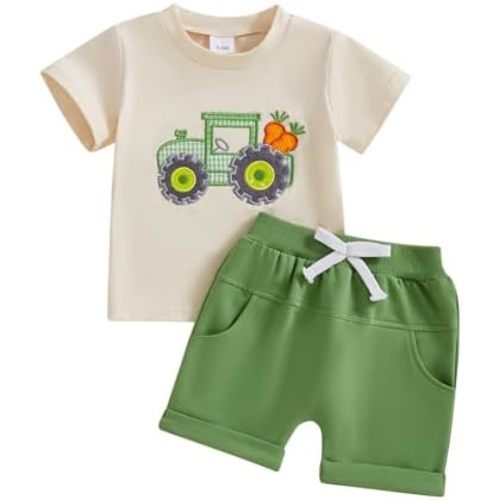 FYBITBO Toddler Baby Boy 4th of July Outfit Excavator Embroidered Short Sleeve T-shirt Shorts Fourth of July Clothing Set