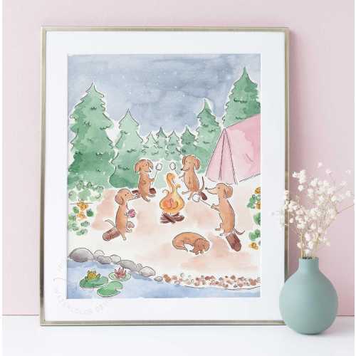 Whimsical camping dog print, woodland nursery wall art, dachshund lover illustration, watercolor forest painting, cute kids room PRINTABLE