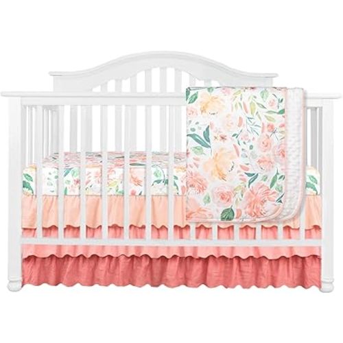 Secret Garden Coral Floral Ruffle Baby Minky Blanket Water Color, Peach Floral Nursery Crib Ruffle Skirt Set Baby Girl Crib Bedding (Secret Garden 3 Pieces Set)