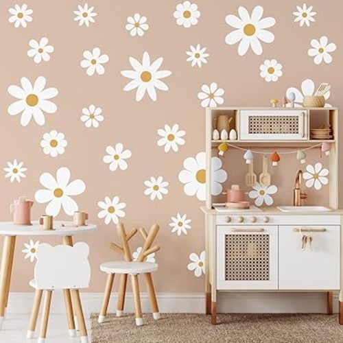 TaoBary 12 Sheets Daisy Wall Decal Flower Wall Sticker Cute Daisy Sticker Pink White Flower Decal Peel and Stick Floral Wallpaper for Nursery Bedroom Home Decor(White, Yellow,Classic Style)