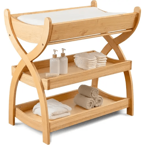 Comfy Cubs Baby Changing Table - Sturdy Wood Construction, Timeless Look Baby Change Table with Two Open Shelves for Infant Daycare Essentials Storage - Natural Wood