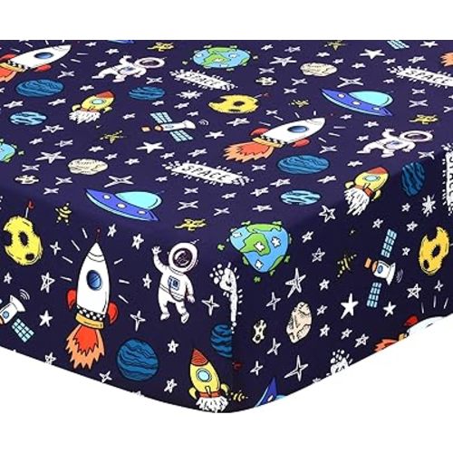 JISEN Baby Fitted Crib Sheets for Boys Girls 52x28 Inch Space Navy