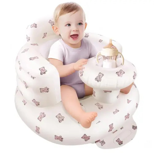 Arscniek Inflatable Baby Seat Built in Air Pump, Blow Up Baby Chair with Back Support and Tray, Sit Me Up Floor Seat for Babies 3-36 Months, Portable Infant Chairs for Indoor and Outdoor- Biscuit Bear