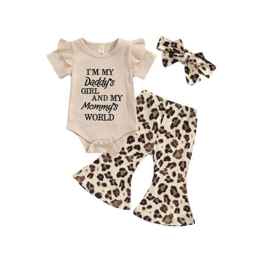 Bagilaanoe Baby Girls Father's Day Mother's Day Outfit Sets Letter Short Sleeve Romper Tops + Leopard Print Bell-bottomed Pants + Headwear