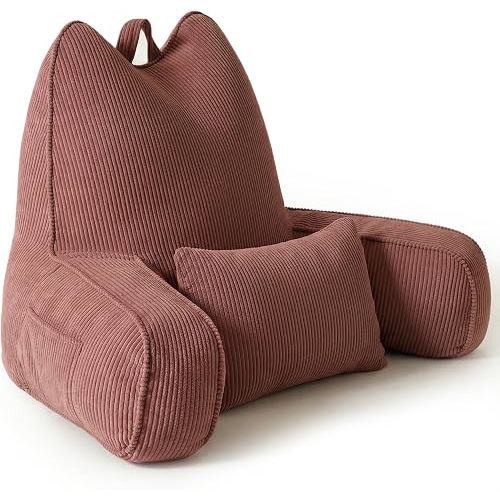 Patented Design Lounge Pillow with Arms for Couch & Bed, Extra Large Reading Pillow Backrest with Detachable Lumbar Support, Sitting Up Support Cushion with Side Pockets, Brick Brown