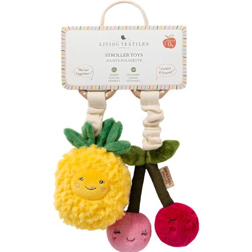 Living Textiles Stroller Toy Set 2 Pack - Design Knitted Toys for Car Seat & Stroller, 100% Cotton Knit,BPA-Free Attachment Clip, Ideal Baby Travel Toy Pineapple & Cherries