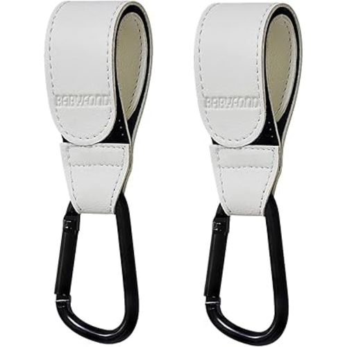 2 Pcs Stroller Hooks for Hanging, Portable Leather Style Stroller Clip Straps, Baby Stroller Hooks for Diaper Bags Grocery Shopping Bags, Mommy Hook for Stroller (White)