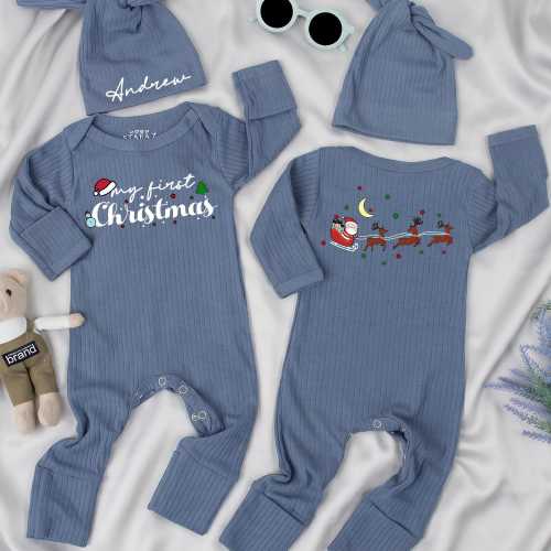 My First Christmas Baby Bodysuit and Hat Set, Personalized Ribbed Romper, 1st Xmas Newborn Outfit, Holiday Baby Shower Gift, Coming Home