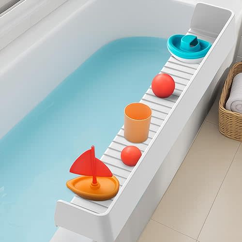 Splash Guard for Bathtub Kids, Silicone Water Bathtub Splash Guard, Bathtub Play Shelf for Kids, Tub Splash Guard Prevents Water Spills in Bathroom (2.6 FT, Grey