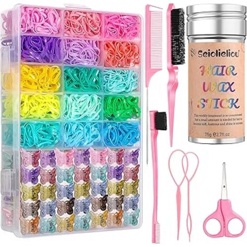 Hair Accessories for Girls, 1500P Colorful Hair Elastic Set, 45P Glitter Mini Butterfly Hair Claw Clips, Hair Wax Stick, Sparkly Colorful Hair Accessories for Girls with Hair Comb Set & Organizer Box