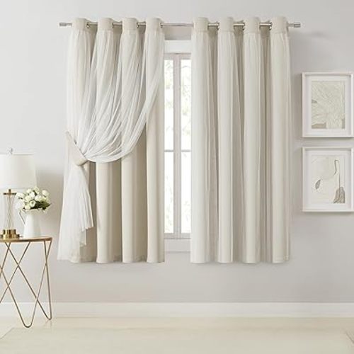 Bujasso Beige 80% Blackout Curtains with Sheer Overlay Mix and Match Double Layer Thermal Insulated Window Panels 63 inch for Living Room Bedroom Beige Drapes with Tiebacks Grommet Top 54" Wx63 Lx2