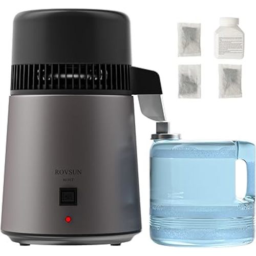ROVSUN 1.1 Gallon/4L Water Distiller, Countertop Distilled Water Machine with BPA-Free Container, Distilled Water Maker Purifier with Flame-Retardant Material & Stainless Steel Interior, 750W, Black
