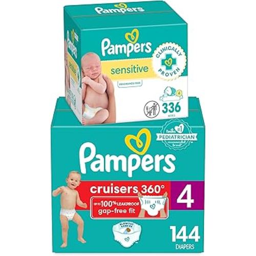 Pampers Pull On Cruisers 360° Fit Disposable Baby Diapers Size 4, One Month Supply (144 Count) with Sensitive Water Based Baby Wipes 6X Pop-Top Packs (336 Count)