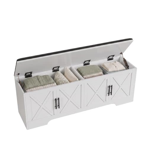 DreamDashio Storage Bench with Cushion, 47.2" End of Bed Storage Bench with Lift Top, Window Bench Seat with Storage for Bedroom, Mudroom, Entryway, Living Room & Hallway, White