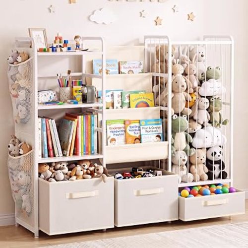 Kids Bookshelf and Toy Storage, Stuffed Animal Storage, 3 Sling Pockets, 3 Bottom Drawers, Iron and Wood Frame, Anti-Tip Belt, Montessori, Book Shelf for Kids Rooms