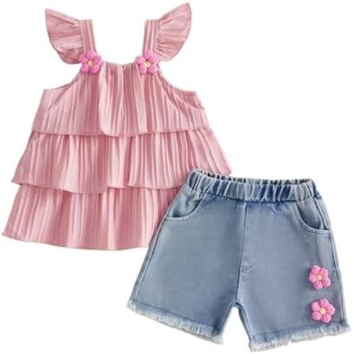 YINGISFITM Toddler Girl Clothes Baby Summer Fly Sleeve Layered Ruffle Dress Shirt Jeans Shorts Floral Outfit Girls Clothing