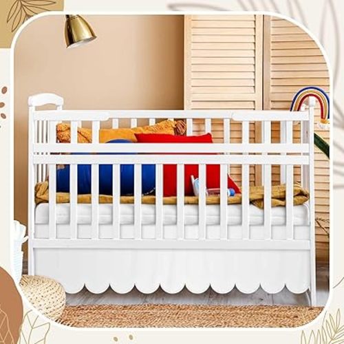 100% Microfiber Scalloped Crib Skirt 28"x 52" with 16" Inch Drop Lenght with 4 Split Corners for Baby Boys Girls Soft Nursery Toddler Bed Skirt - White Solid