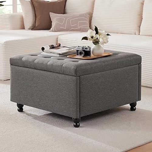 30 Inch Large Square Storage Ottoman Coffee Table, Oversized Square Ottoman with Storage, Tufted Upholstered Coffee Tables for Living Room (Fabric, Dark Grey)