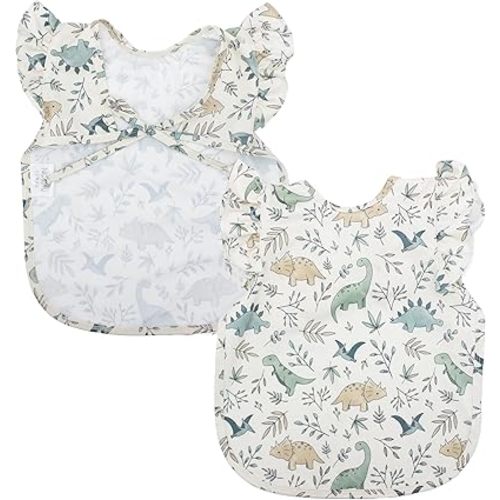BapronBaby Flutter Foliage Dinos Bapron - No Neck Tie Safer Bib for Baby & Toddler - Soft Waterproof Stain Resistant - Machine Washable - Sz Baby/Toddler 6m-3T
