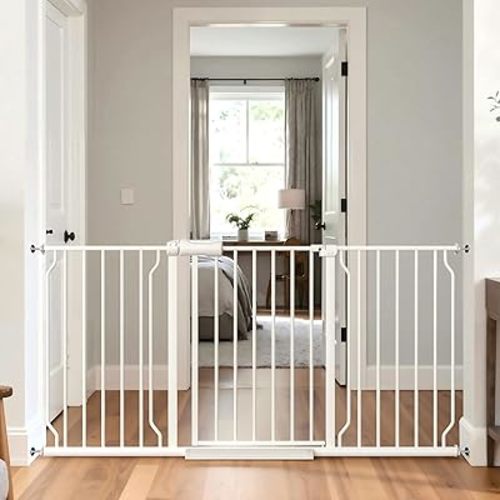 TSAYAWA Extra Wide Baby Gate with Door,38.5-43.3 Inch Walk Through Large Long Child Gates for Stair Doorway - Indoor TSAYAWA Outdoor Safty Gate for Toddler Pet Dog Doggie White