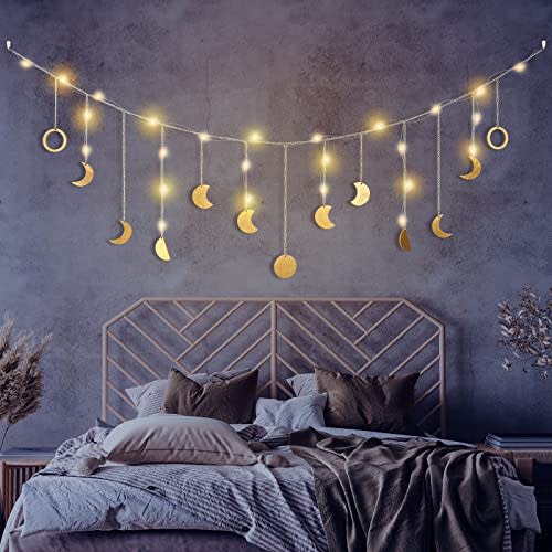 Moon Phase Wall Decor with LED String Light, 13 Gold Wood Boho Wall Hanging Decor Mood Garland 56'' - Celestial Phases Moon Decoration in Bohemian Style for Bedroom Living Room Valentine's Day Gifts