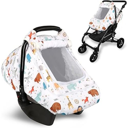 Baby Car Seat Cover for Boys, Infant CarSeat Covers with Mesh Man Fai Sky, Multi-Functional Newborn Canopy Breathable for Summer Winter, Windproof & Universal Fit, Animal