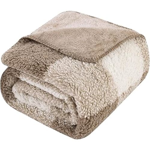 LURKA Checkered Sherpa Fleece Queen-Size Bed Blanket - Extra Thick and Warm Winter Soft Fuzzy Plush Blanket for Couches, Beds & Pets, Khaki, 90x90 Inches