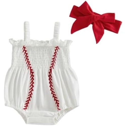 KMBANGI Toddler Newborn Baby Girl Baseball Outfit Sleeveless Smocked Baseball Stitch Romper Summer Clothes with Headband