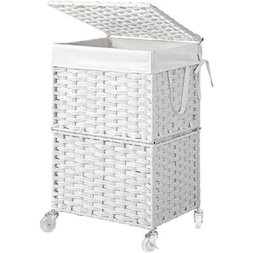 Chrislley 90L Slim Laundry Hamper with Wheels, Rolling Laundry Basket with Lid and Renovable Liner Bag, Handwoven Rattan Organizer for bedroom, bathroom, laundry room (White)