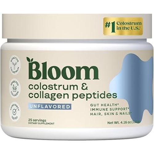 Bloom Nutrition Bovine Colostrum Powder with Vitamin B-12 for Gut Health, Immune Support, Hair Growth & Beauty Supplement | Unflavored, 25 Servings