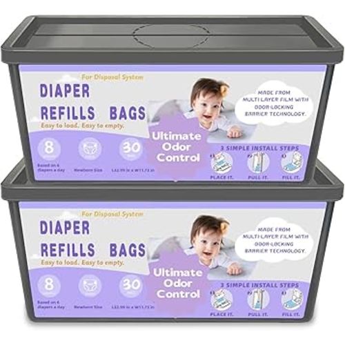 Diaper Pail Refill Bags, Compatible with Genie Easy Roll Signature Diaper Pail and Platinum Diaper Pail, 7-Layer Odor-Barrier Technology, 30 bags per pack -2Pack