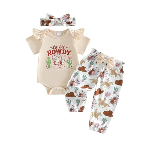 Sasaerucure Newborn Baby Girl Summer Clothes Western Letter Short Sleeve Romper and Pants Headband 3Pcs Cowgirl Outfit