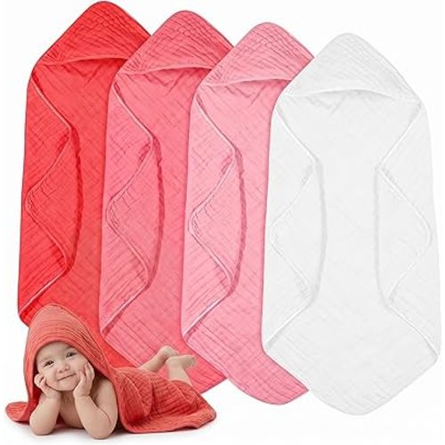 Peryiter 4 Pcs Muslin Hooded Baby Towels Cotton, Warm Colors