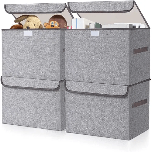 Large 22 Quart Linen Fabric Foldable Storage Bin Cube Organizer Basket with Flip-Top Lid & Handles, Clothes Blanket Box for Home, Office, Closet, Gray, 4 Pack 14.6 x 9.5 x 9.5”