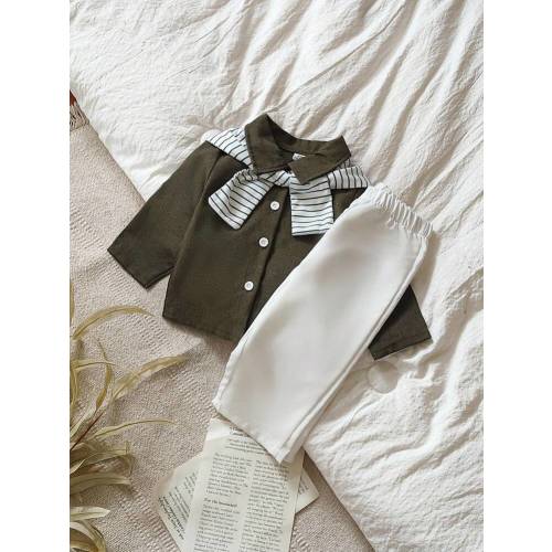 Vintaside Kids Baby Boy Long Sleeve Shirt & Pant Set, Transitional Season Spring Fall Fashionable Versatile All-Match Texture Material Chic Countryside Vacation Style Cape Decor Outfit 2 Pieces Set Winter | SHEIN USA