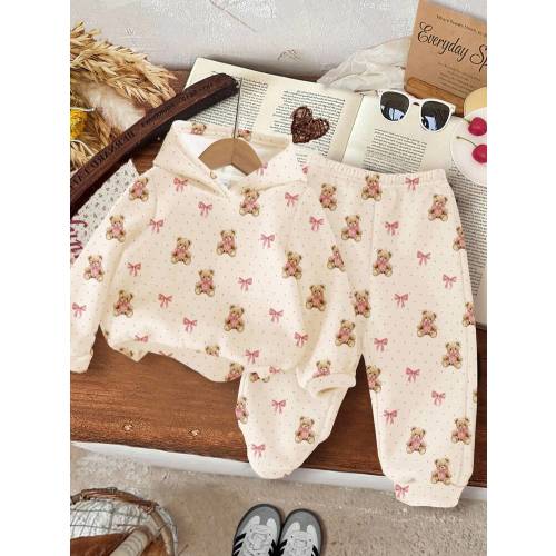 SHEIN Happikins Cream White, Cute Fairy Tale Town Sweet Bear Bow Polka Dot Print, Cozy Season, Christmas Vibes, Baby Girl Casual Minimalist Comfortable Thick Soft Hoodie And Sweatpants Tracksuit Set, Suitable For Autumn & Winter, Autumn & Winter Outfits F