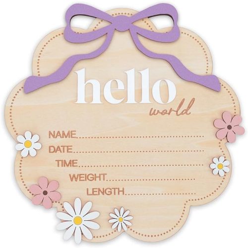 Hello World Wooden Baby Birth Announcement Sign with Pink Bow, Cloud Shape Floral Newborn Name Date Time Weight Length Board, Baby Girl Nursery Photo Prop (Light Pink)