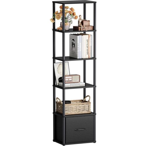 6-Tier Bookshelf with Drawer, Narrow Bookshelves Organizer, Floor Standing Ladder Shelf, Tall Bookcase for Small Space, Book shelf with Storage for Living Room, Bedroom, Office, Study Black HBC505B
