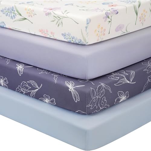 Baby Crib Sheets Girl, Toddler Bed Sheets Fitted for 52"x28" Standard Crib and Toddler Mattresses, 4 Pack Soft Breathable Stretchy Microfiber Blue Purple Flower