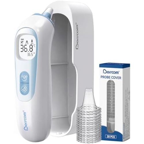 Berrcom Digital Ear Thermometer, Heated Tip & Age Precision Infrared Ear Thermometer for Baby Kids Adults, Fever Alarm Mute Night Light, 20 Probe Covers & Storage Box, Accurate Baby Ear Thermometer